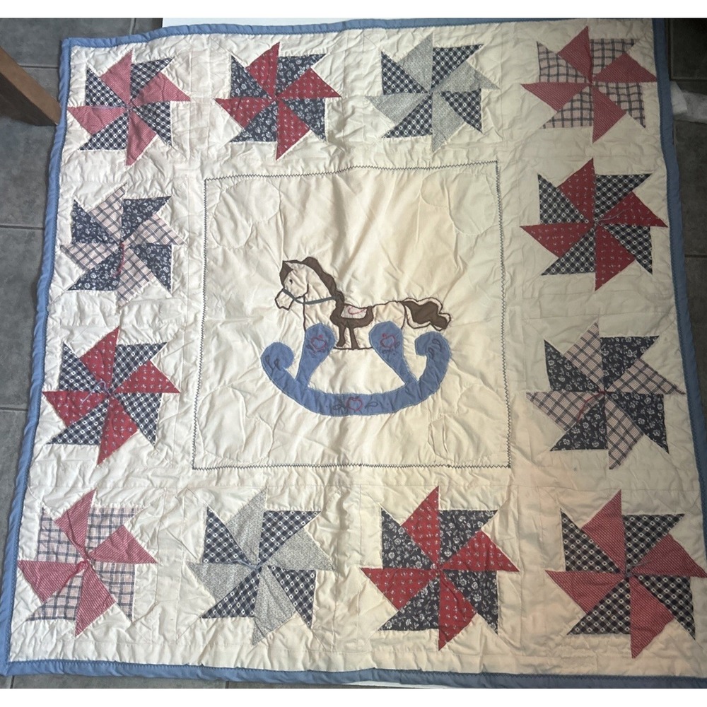 Handmade Baby Crib Quilt 44x45 Rocking Horse Pinwheel Patchwork Blue Red